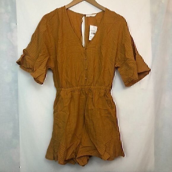 NEW NWT LUSH Solid Mustard Yellow Stripe Cutout Boho Cotton Viscose Romper Small - Picture 4 of 9